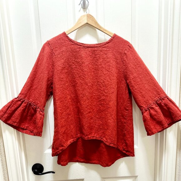 Bryn Walker Women's 100% Linen Tunic Top  Size S Red Ruffle Sleeves Hi Low Boho - Picture 13 of 13